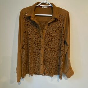 Faux Suede Button Down Lace Shirt Size L Cowgirl Country Western Rodeo